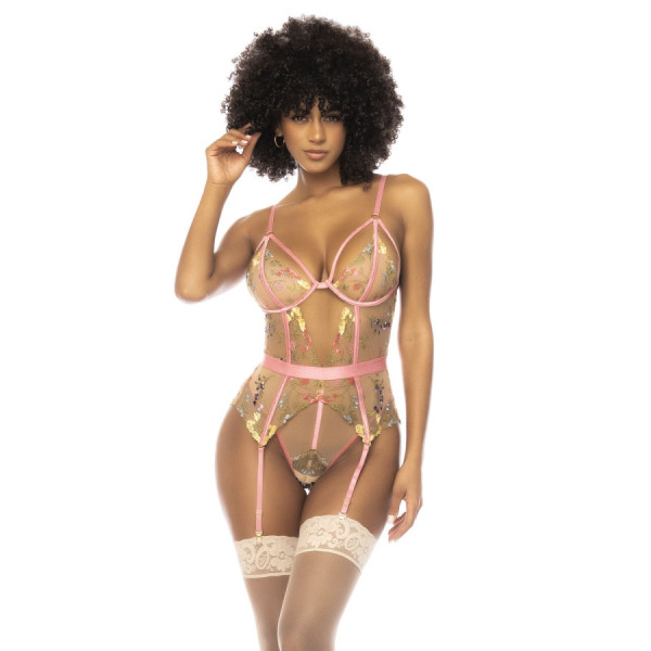 Body guépière avec dentelle brodée florale Sydney, porte jarretelles réglables et détachables 